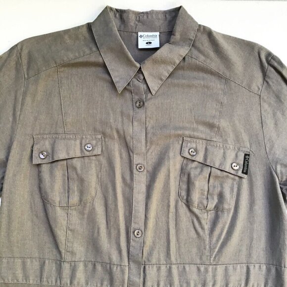 Columbia Casual Button Up Shirt Women's Large Gray Linen Roll Tab Sleeve Pockets - Picture 3 of 9